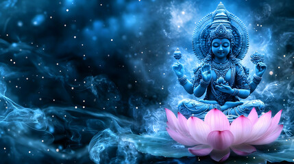 Hindu Deity Lakshmi Sitting on Lotus Flower with Blue Smoke Background