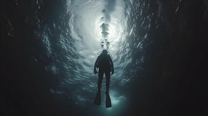 Fototapeta premium Scuba Diver Silhouette Underwater Ocean Sunlight