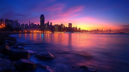 San Francisco Skyline Reflects Vivid Sunset over Tranquil Bay