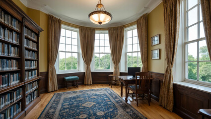 Library with bay window and curtains background