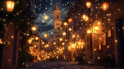 Enchanting Florentine Street at Festa della Rificolona with Glowing Lanterns and Sparkling Stars Lighting Up the Night Sky