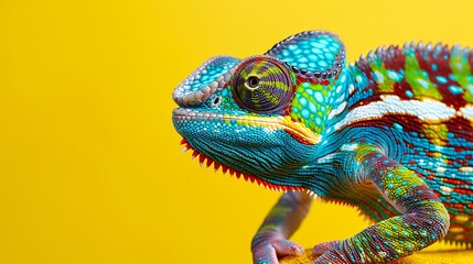 Obraz premium A colorful chameleon blending in isolated on yellow background