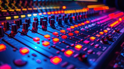 Fototapeta premium Close-up view of an audio mixing console featuring colorful LED lights, ideal for sound engineering and music production themes..