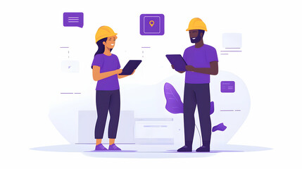 Obraz premium Construction Workers Discussing Project Plans on Tablets