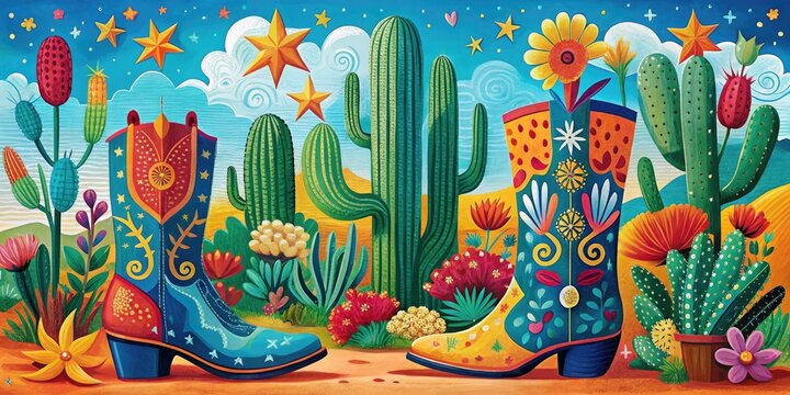 Vibrant illustrations of iconic Texas landmarks, cowboy boots, and cacti, blended with bright colors and playful patterns, evoking a whimsical, nostalgic Lone Star State atmosphere.
