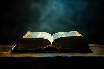 open book on light and dark background, image of open antique book on wooden table with glitter overlay, Bewitched Book With Magic Glows In The Darkness