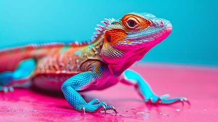Naklejka premium A colorful lizard on a pink and blue backdrop