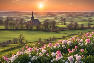 Obraz premium A beautiful easter sunrise over a rolling countryside with a church in the distance and blooming, AI Generated