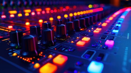 Obraz premium Detailed close-up of an audio mixing console with vibrant LED lights, perfect for sound engineering and music production visuals..