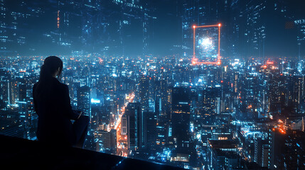 Night city panorama with network hologram