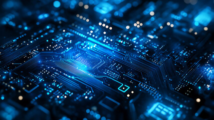 Quantum computer technologies concept. Futuristic blue circuit board background.