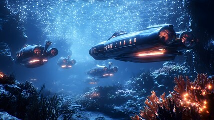 Fototapeta premium Futuristic underwater of glowing coral reefs and a dreamy ocean surface lit by sparkling stars in a serene biospheric environment of the future