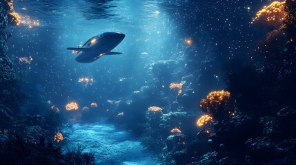 Fototapeta premium Futuristic submarine explores glowing coral reef in serene underwater world lit by sparkling stars creating a dreamy luminous vision of the future ocean biosphere