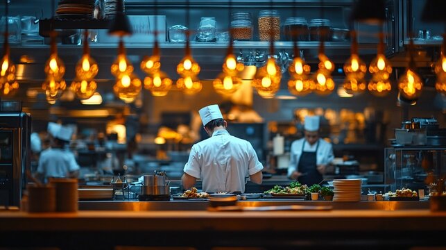 Busy chefs working in a restaurant kitchen, focusing on food hygiene. main objects: chefs, food, kitchen equipment.

