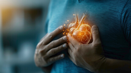 Close-up of hands pressing against the chest, with a glowing heart illustration symbolizing heart pain or emotional stress, highlighting physical or emotional health concerns.