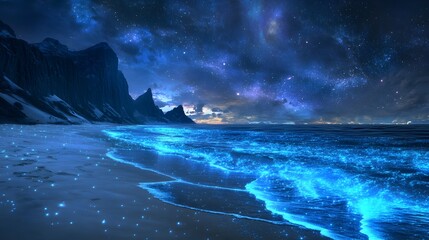 Naklejka premium Glowing sands and bioluminescent waves create a dreamy futuristic scene at a coastal beach in the year 2050 under a sky filled with twinkling stars