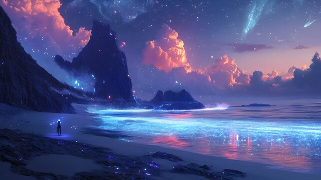 A futuristic beach scene in the year 2050 where the sand glows with bioluminescent light and the waves emit a dreamy ethereal radiance The night sky is filled with twinkling stars