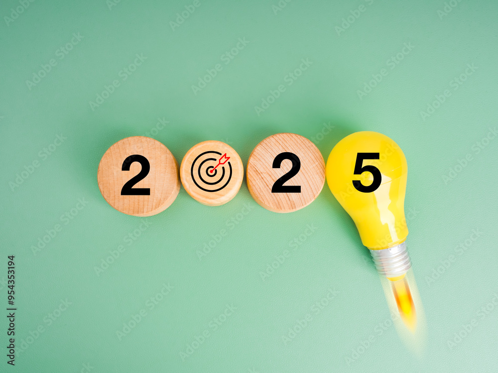 Wall mural 2025 new year trends and innovative technology, business startup concept. 2025 calendar numbers with target icon arranged with yellow creative light bulb flying up on green background, minimalist.