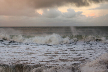 Nature background. Dramatic  seascape and cloudy sky  at dusk 