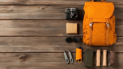 Travel Essentials for Hiking Adventure, showcasing gear, maps, and accessories arranged on rustic wood, evoking a sense of wanderlust and outdoor exploration.