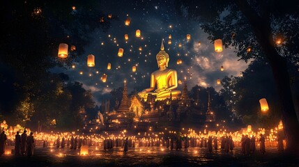 Obraz premium Ethereal scene of a forest temple on Makha Bucha Day with a golden Buddha statue surrounded by monks and devotees holding glowing lanterns under a serene starry night sky