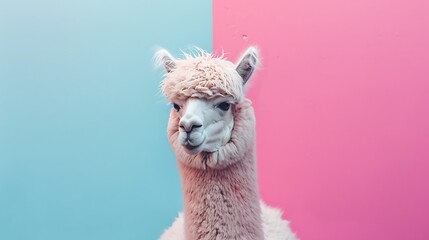 A fluffy alpaca standing against a pink and blue pastel background