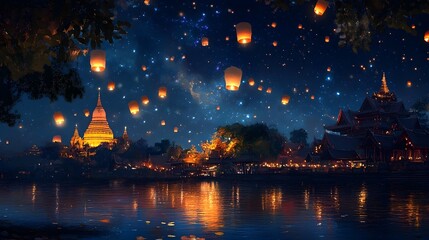 Fototapeta premium Peaceful Night at the Festival of Lights with Glowing Lanterns Floating into the Starry Sky Surrounded by the Soft Glow of Temple Lights