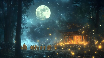 A serene and tranquil scene of a Buddhist forest monastery on Magha Puja Day with monks gathered under a glowing full moon surrounded by a dreamy night sky filled with sparkling stars and a peaceful