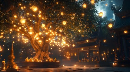 Tranquil temple garden at dusk with meditating monks under a Bodhi tree surrounded by glowing lanterns and a sky full of sparkling stars