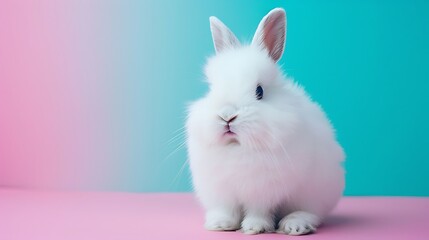 Fototapeta premium A fluffy white bunny on a pink and blue background with a sweet expression