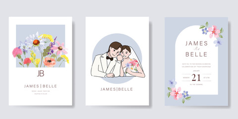 Elegant wedding invitation card background vector. Minimal hand drawn bride and groom in watercolor botanical flowers texture. Design for wedding, vip cover template, rsvp modern card, poster.