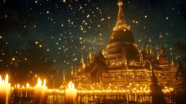 Devotees Lighting Candles at a Serene Buddhist Stupa Under a Starry Sky the Soft Glow Reflecting off the Golden Walls in a Dreamy Mystical Atmosphere