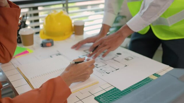 architect and engineer are brainstorming in the office about the details of a structural design plan, house model, blueprint, planning, designer, draft, talking and discussing.