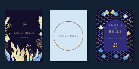 Naklejka premium Elegant wedding invitation card background vector. Minimal hand ocean, mermaid scales on blue background. Design illustration for wedding, vip cover, poster, rsvp modern card.