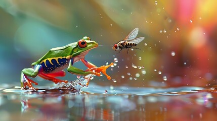 Naklejka premium A frog catching a fly isolated on colorful background