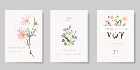 Elegant wedding invitation card background vector. Minimal hand painted watercolor botanical flowers texture template background. Design illustration for wedding, vip cover, poster, rsvp modern card.