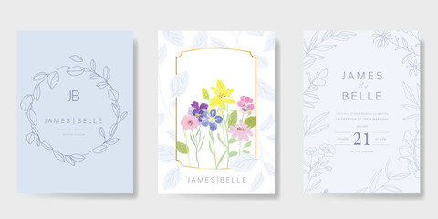 Elegant wedding invitation card background vector. Minimal hand painted watercolor botanical flowers texture template background. Design illustration for wedding, vip cover, poster, rsvp modern card.