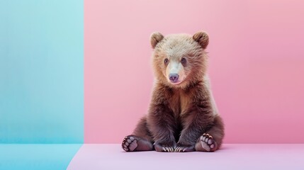 A gentle brown bear cub sitting on a pink and blue gradient background