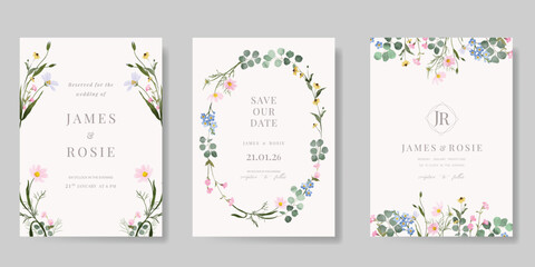 Elegant wedding invitation card background vector. Minimal hand painted watercolor botanical flowers texture template background. Design illustration for wedding, vip cover, poster, rsvp modern card.