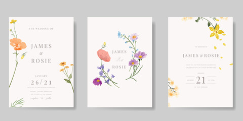 Elegant wedding invitation card background vector. Minimal hand painted watercolor botanical flowers texture template background. Design illustration for wedding, vip cover, poster, rsvp modern card.