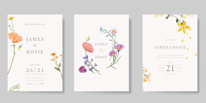 Elegant wedding invitation card background vector. Minimal hand painted watercolor botanical flowers texture template background. Design illustration for wedding, vip cover, poster, rsvp modern card.