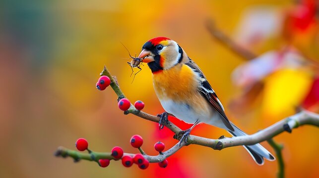 A goldfinch eating insect isolated on colorful background