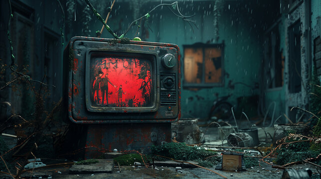 An old, decayed TV in a desolate, overgrown room displaying a red horror scene, suggesting a post-apocalyptic setting