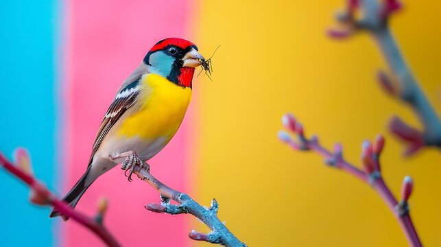 A goldfinch eating insect isolated on colorful background