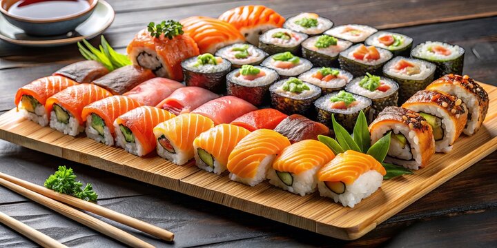 A mouthwatering sushi platter with assorted nigiri and maki rolls