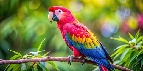 Obraz premium Vibrantly Colored Pink Parrot Perched On A Green Branch Against A Blurred Background, Showcasing Its Plumage And Inquisitive Expression.
