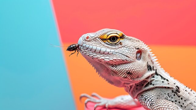 A lizard eating insects isolated on colorful background