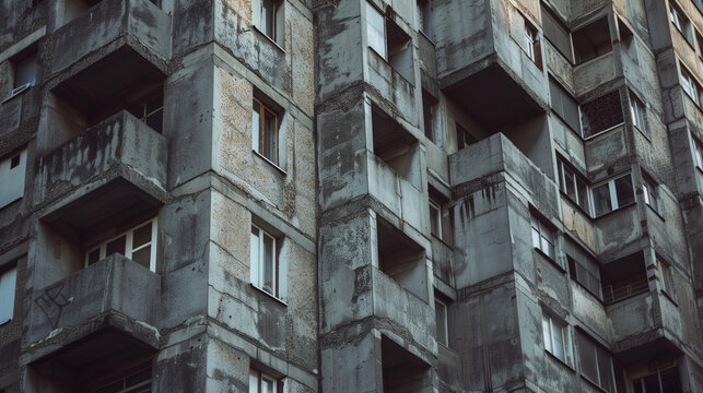 Detailed view of an aging, concrete Soviet-era apartment building with exposed balconies and signs of decay