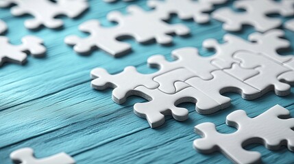 White Jigsaw Puzzle Pieces on Blue Wood