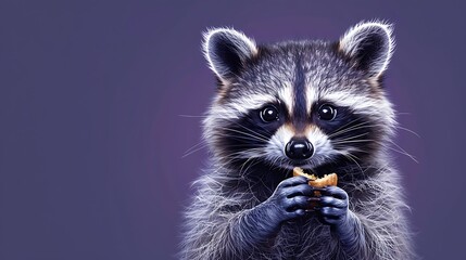 A mischievous raccoon holding a piece of food isolated on a purple background